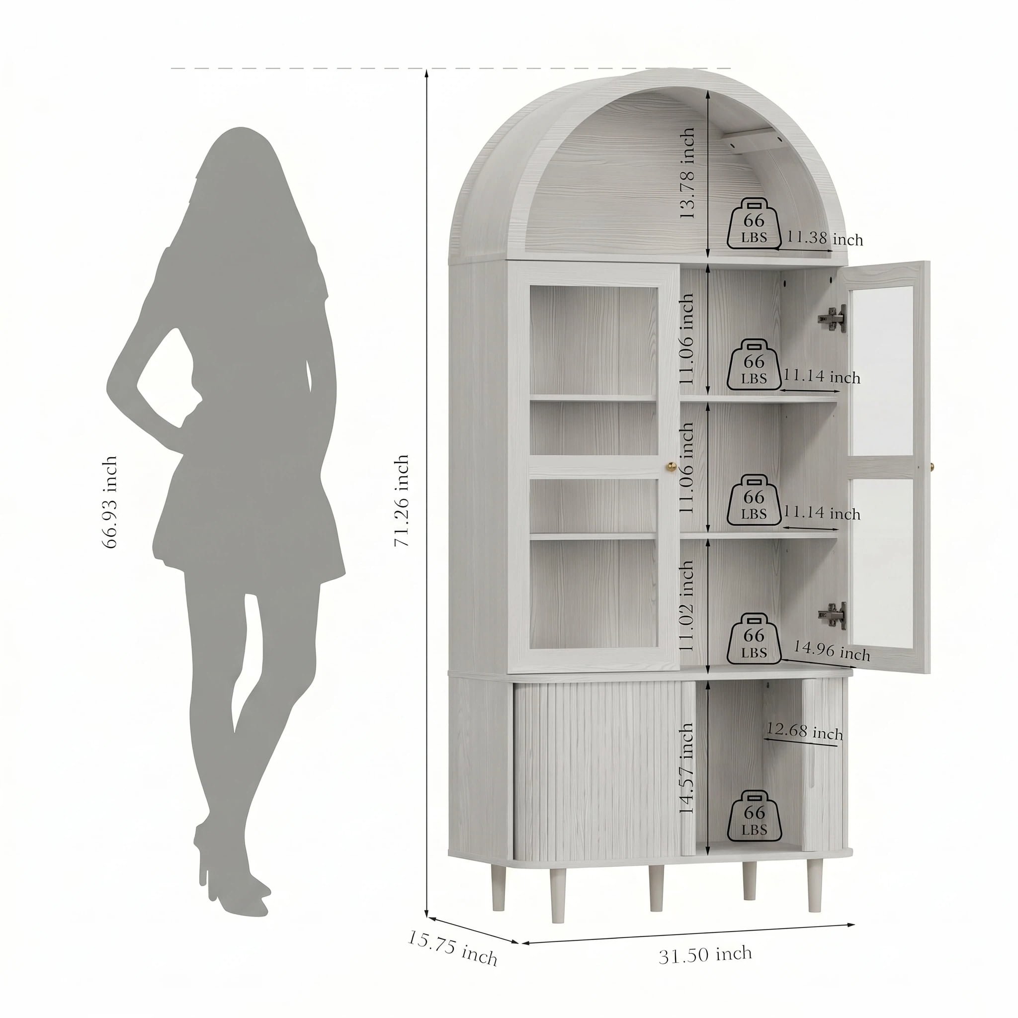 Aisword 71" Tall Arched Bookcases, 5-Tier Modern Farmhouse Bookshelf with Adjustable Shelves & Sliding Doors, Wood Display Storage Cabinet for Living Room, Office, White Withdoors