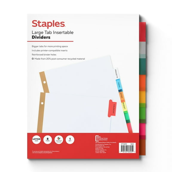 Staples Big Tab Insertable Paper Dividers 8-Tab Multicolor (13492/11123)