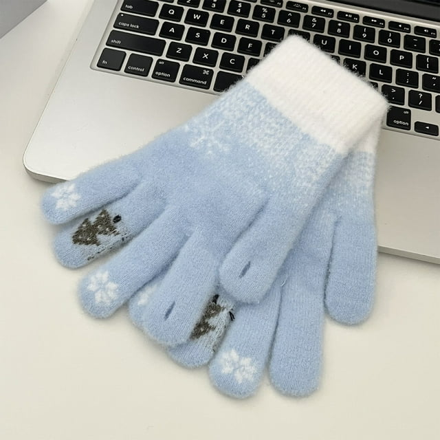 guantes de terciopelo G Loves Christmas Decorations otoño e invierno árbol de Navidad femenino pantalla táctil de cinco dedos azul; par de guantes de punto aterciopelado sobre teclado en vista frontal, cinco dedos visibles y puño elástico blanco, copos de nieve en las puntas y pequeño dibujo de árbol en la palma, poliéster suave, tamaño aprox. 20x12x1 cm, pensados para mantener las manos calientes en clima frío y uso escolar o ciclismo; a menudo se guardan como repuesto en mochilas.