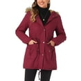 thumbnail image 1 of Chaqueta de parka de invierno para mujer Allegra K, abrigo acolchado largo, cálido, a prueba de viento, con capucha de piel sintética, 2XL, rojo oscuro, 1 of 6