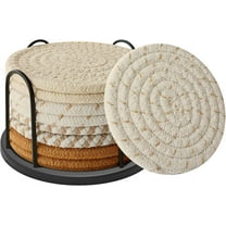 Coasters Set of 8 for Drinks, Beer, Coffee, Cotton Woven 4 Colors Absorbent Coaster with Holder, Boho Coasters for Home Decor Tabletop Protection Suitable for Kinds of Cups, Coffee