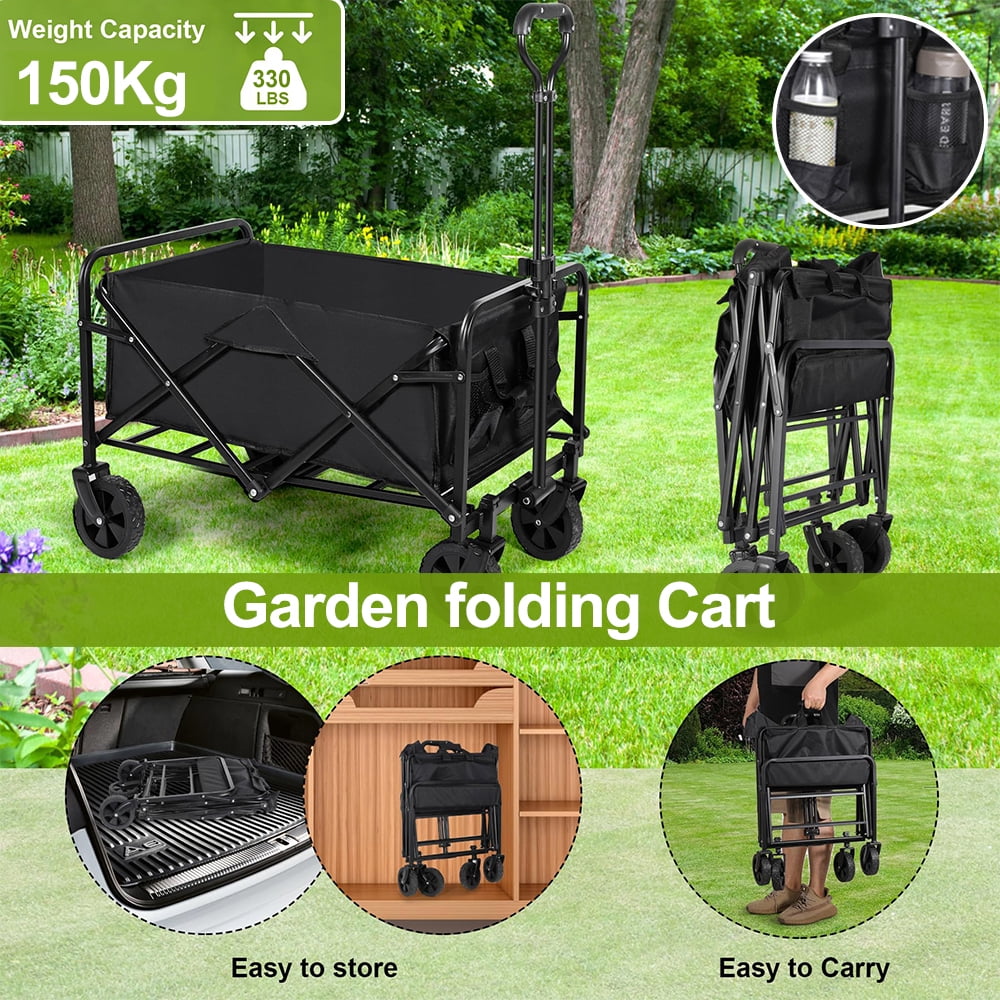 Foldable Wagon Cart - 330lb Capacity, Lightweight Collapsible Utility Cart With Drink Holders For Camping, Groceries, Beach