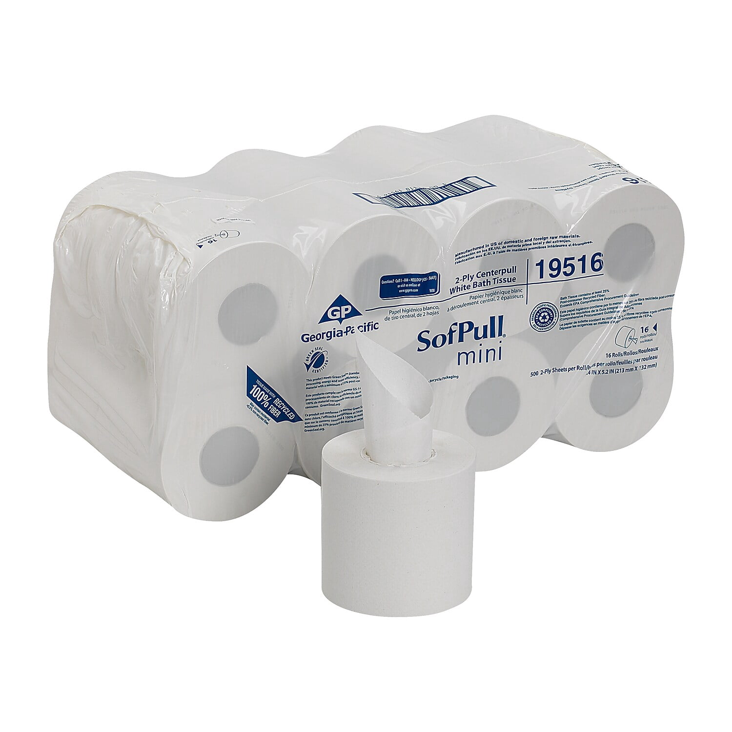 SofPull® Mini High-Capacity Centerpull 2-Ply Toilet Paper, 100% Recycled, 500 Sheets Per Roll, Pack Of 16 Rolls