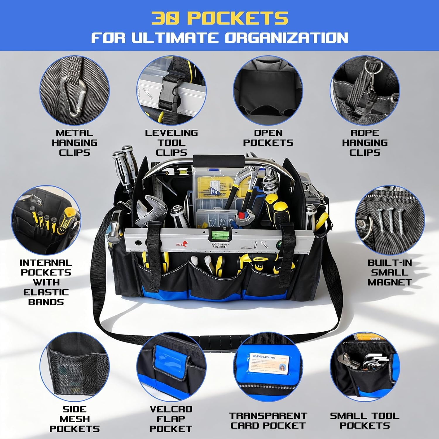 18 Inch Open Top Tool Bag, Tool Bags for Men with 30 Pockets, 1680D Waterproof Fabric, Foldable Electrician Tool Bag with Rotating Handle, Reflective Tool Organizer for Men, Blue