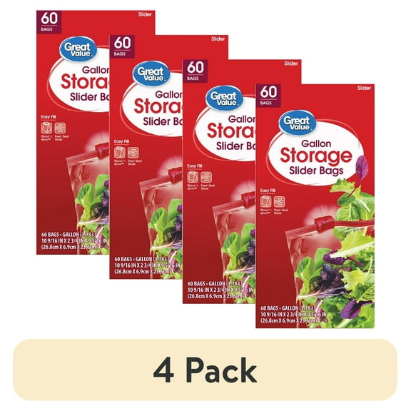 (4 pack) Great Value Fresh Seal Slider Zipper Bags, Gallon Storage, 60 Count