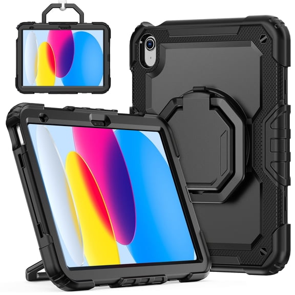 Case for iPad (A16) 11th Gen 2025/ iPad 10th Gen 10.9 inch 2022, 360 Rotating Stand Handle Shoulder Strap Heavy Duty Shockproof Cover, Black