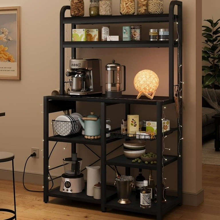 HVSDIMO Bakers Rack with Power Outlet Kitchen Baker Rack with Wire Basket Microwave Stand with Large Open Shelves 6 Tier Freestanding Utility Retro Gray Walmart