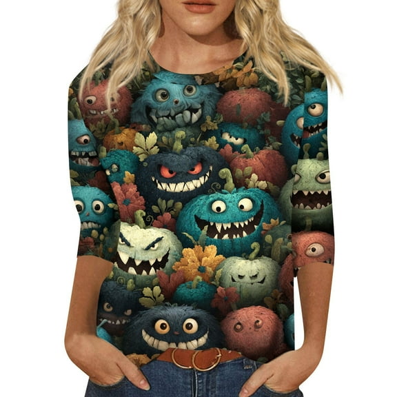 LTTVQM Halloween Tops for Women 2025 Plus Size Funny Pumpkin Ghost Graphic 3/4 Length Sleeve Blouses Novelty Round Neck Shirts Loose Fit Halloween T Shirts Blue 3XL