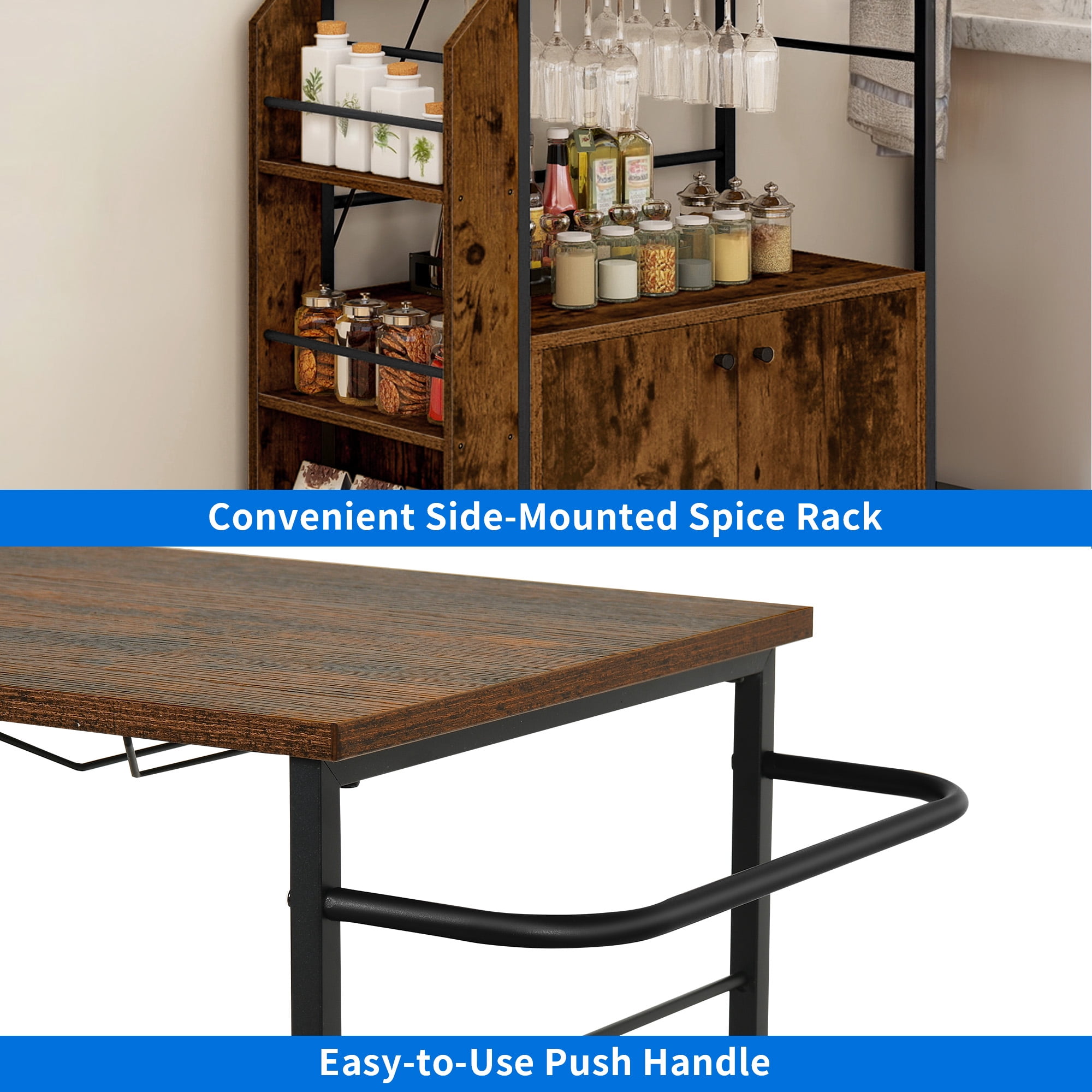 Uforic Kitchen Storage Cart with Power Outlets & Doors, Kitchen Trolley with Storage Shelves, Brown