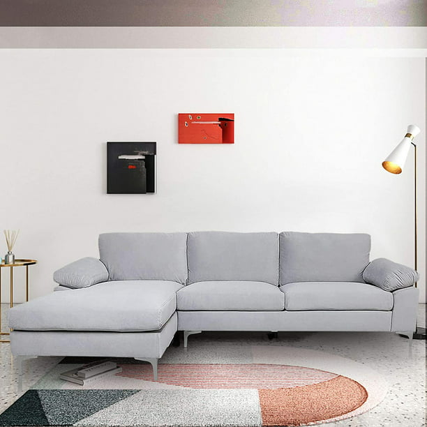 Lemonbest Velvet Fabric Sectional Sofa, Light Grey Fabric Sectional Sofa