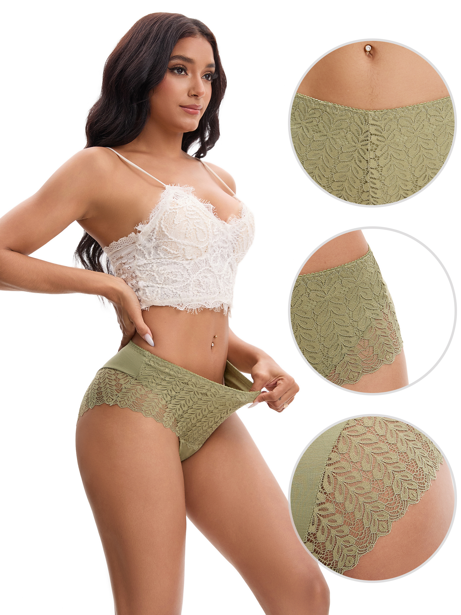 Unique Bargains Mid Rise Breathable Lace Underwear Briefs S Green
