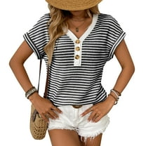 Women Vneck Button Down Top Summer Sweater Shirt Short Sleeve Blouses Striped Knit Tshirt Outfits