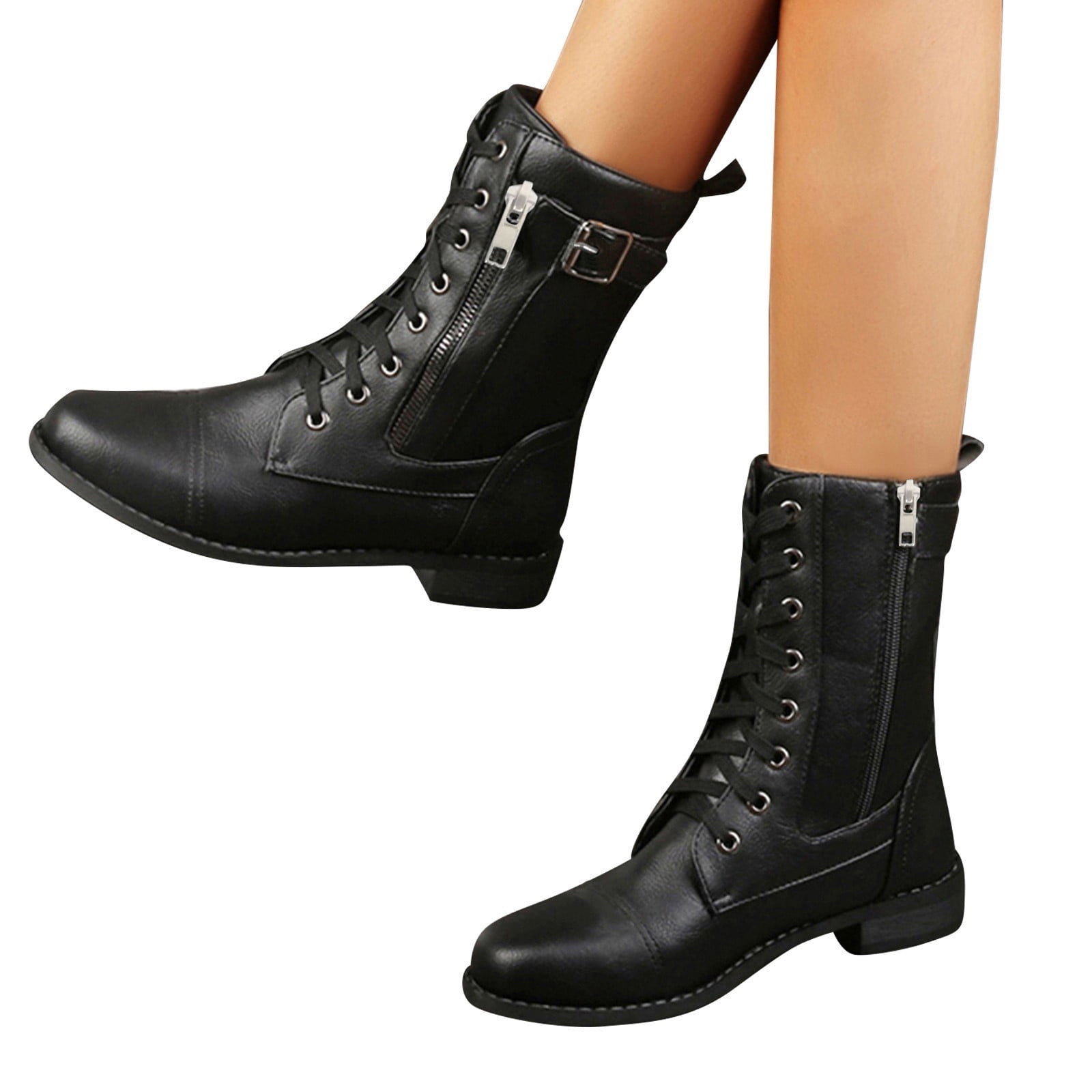 Entyinea Military Boots Women High Heel Mid Calf Boots for Women