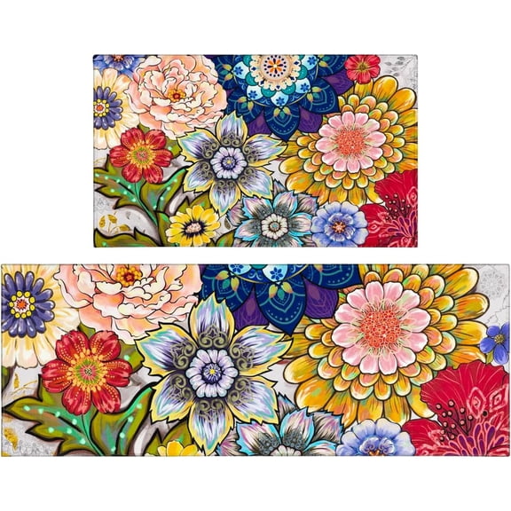 Boho Mandala Kitchen Rugs Set 2,Boho Floral Kitchen Rugs and Mats Non Skid Washable,Bohemian Kitchen Decor and Accessories,Boho Kitchen Runner Rugs(17"x47" 17"x30")