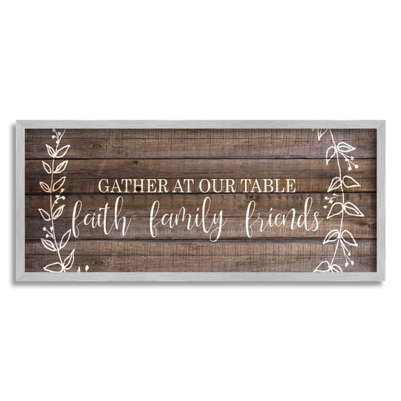 Stupell Industries Faith Family Friends Quote Wood Pattern Rustic Phrase Typography Painting Gray Framed Art Print Wall Art, 10 x 24