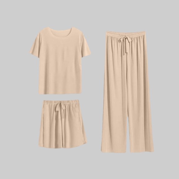 Sakmal Comfy Pajamas for Women Set Soft Short Sleeve 3pc Top and Pants Lightweight Round Neck Lounge Loose Fit Solid Night Shirts for Women Sleepwear