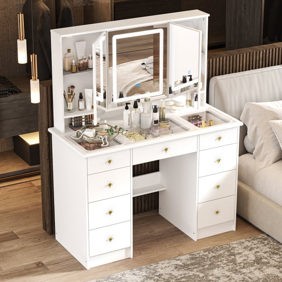 KULAGAGA Makeup Vanity Desk with 3 Mirrors, Glass Top, Lights & Hidden Storage, Modern Dressing Table Vanity Table with Drawers, Lighting Modes & Brightness Adjustable, White