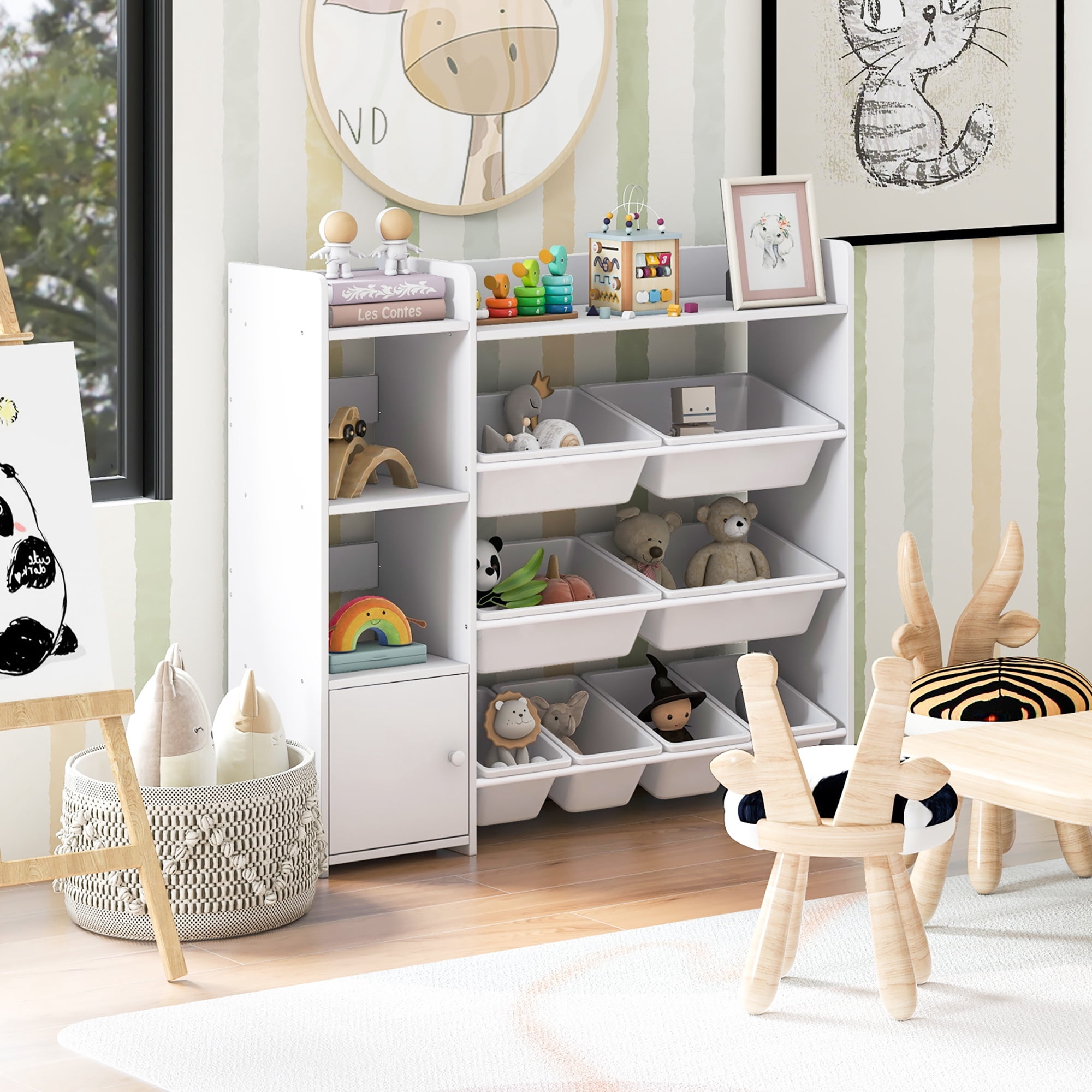 Gymax 4-Tier Kids Toy Storage Organizer Bookshelf w/ 8 Toy Organizer Bins Door
