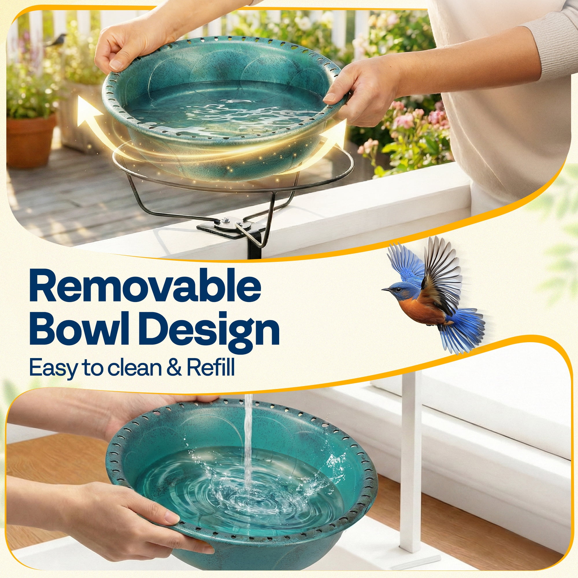 SPECSTAR Deck Mounted Bird Bath for Outside, Weather-Resistant ABS Bird Bath and Feeder with Adjustable Metal Clamp for Railing, Fence, Balcony, 1.45 Gallons, Green