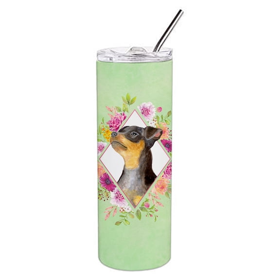 Black Miniature Pinscher Green Flowers Double Walled Stainless Steel 20 oz Skinny Tumbler