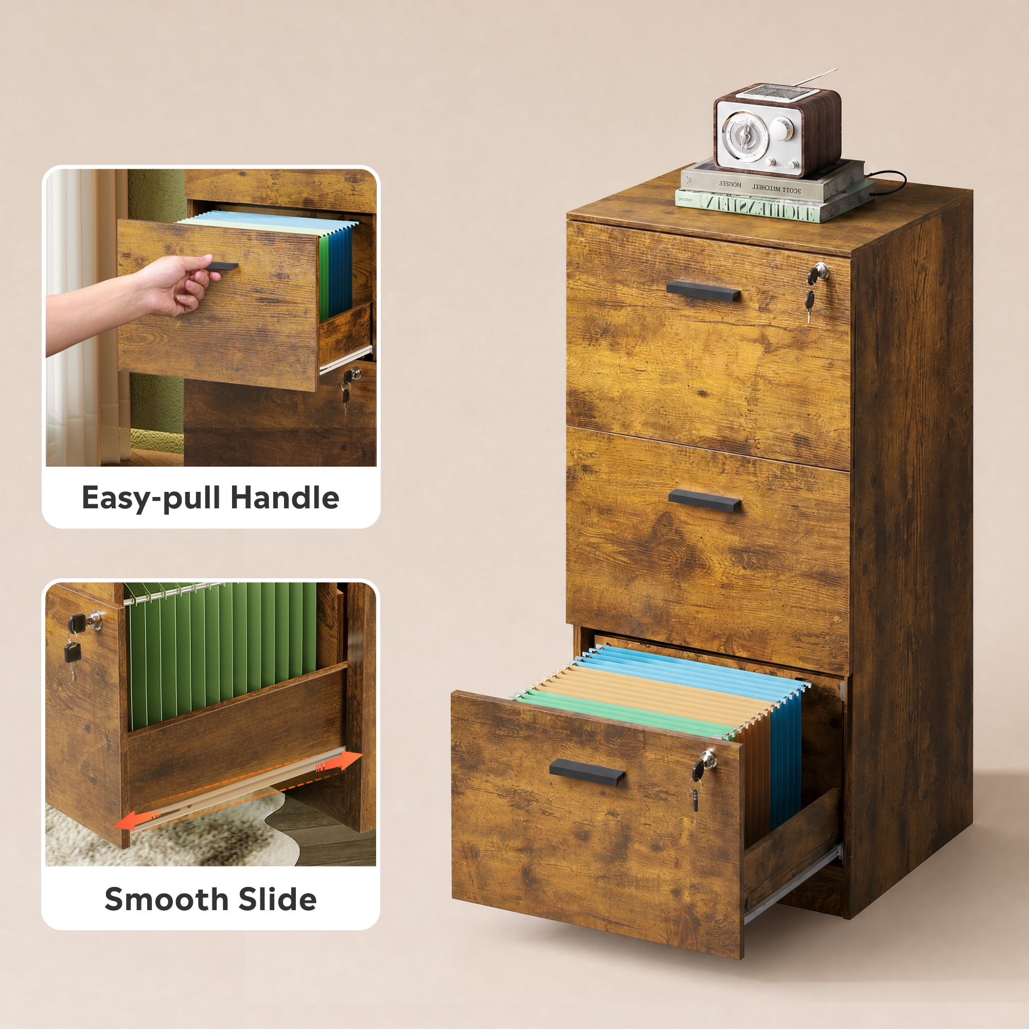 GALAXHERO 3 Drawers File Cabinets, Wood Vertical Filing Cabinet with Lock for Home Office, Letter/A4 Size, Rustic Brown