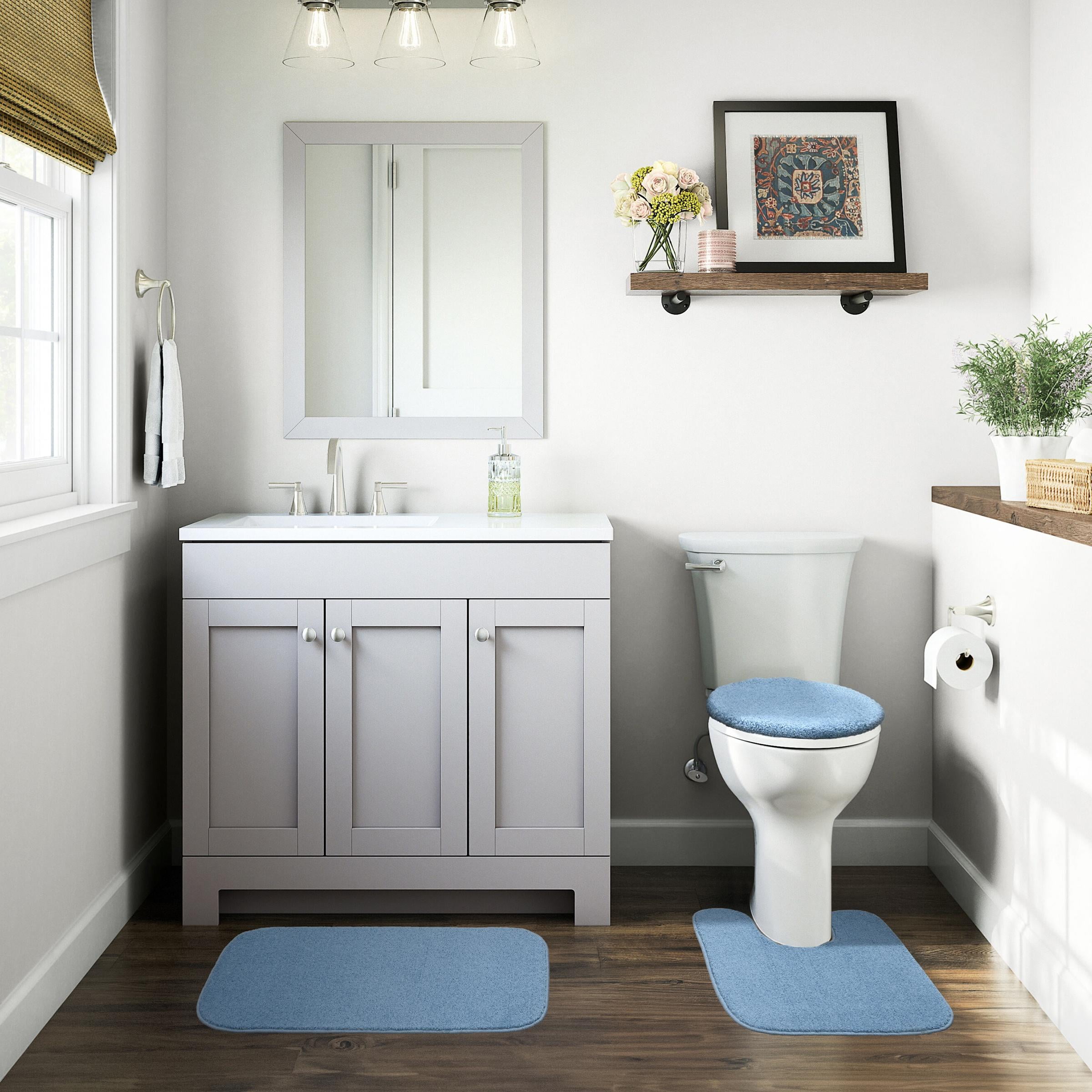 Garland Rug Gramercy Washable Bath Rug Set, 3 Piece (20"x34", Contour Rug, & Toilet Lid) Basin Blue