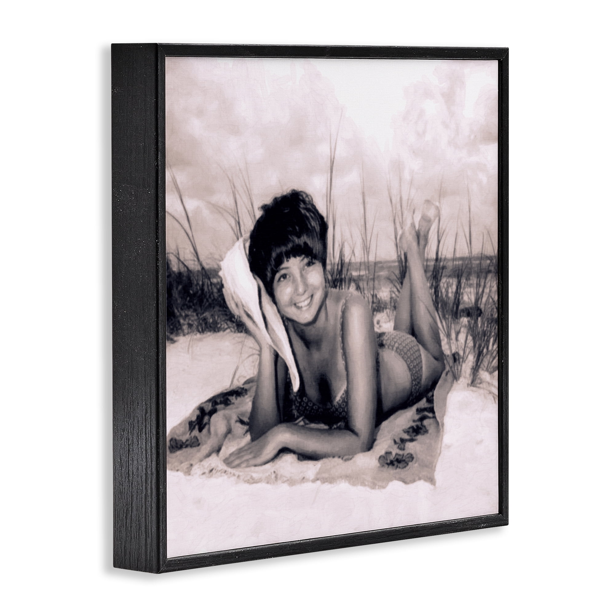 Stupell Industries Vintage Summer Girl with Conch Black Framed Giclee Art, design by Grotto Studios