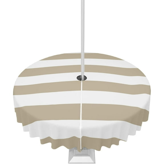 Outdoor Tablecloth Classical Stripe Round Patio Tablecloths 60 Inch, Waterproof Outside Table Cloths with Umbrella Hole and Zipper, Khaki Summer Table Cover for Outdoor Tables, Picnic,