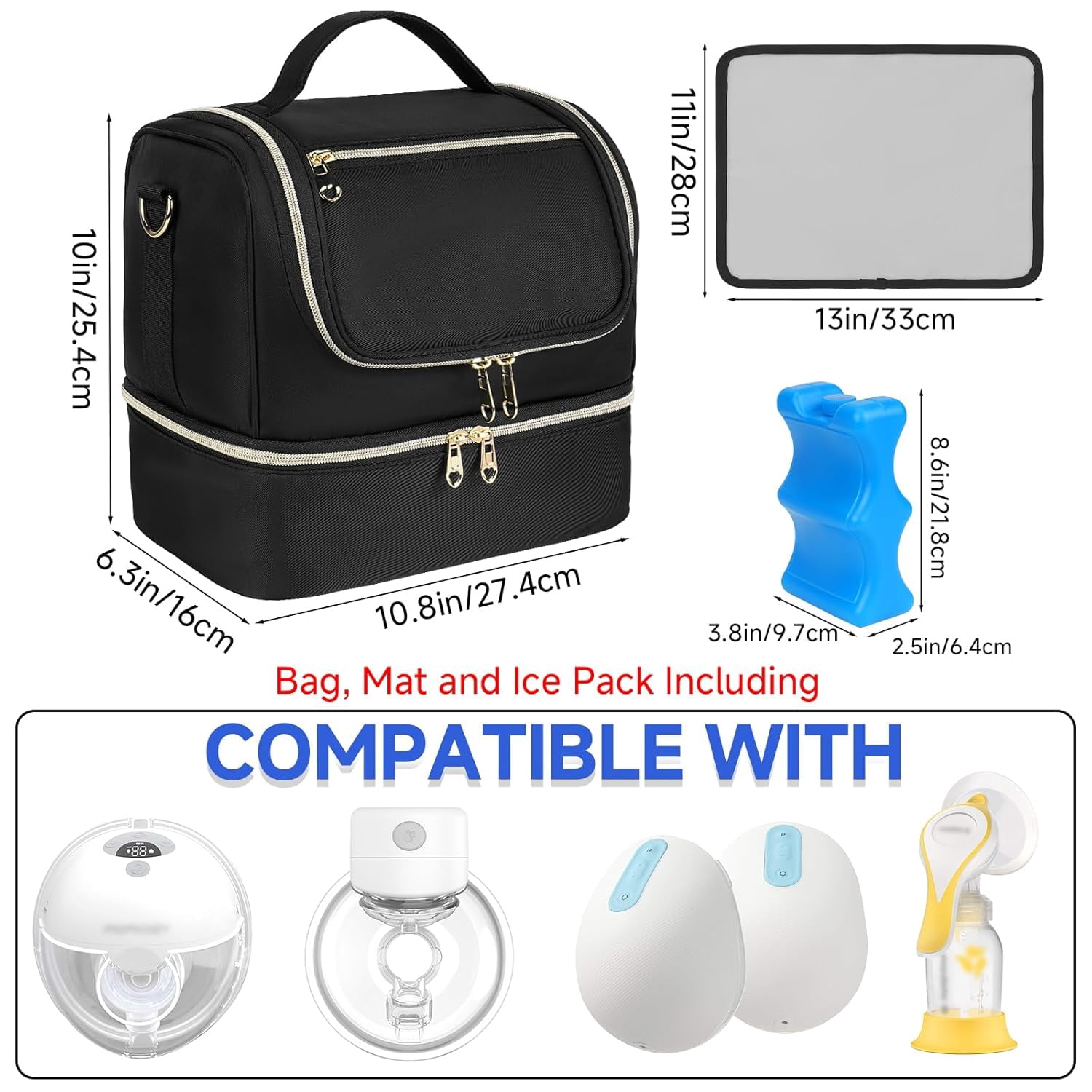 Wearable Breast Pump Bag with Cooler Compartment Fits for Willow/Eufy/Elvie/Momcozy M5/S12 Pro/Medela, Breast Milk Travel Tote Bag with Ice Pack & Waterproof Mat,Black
