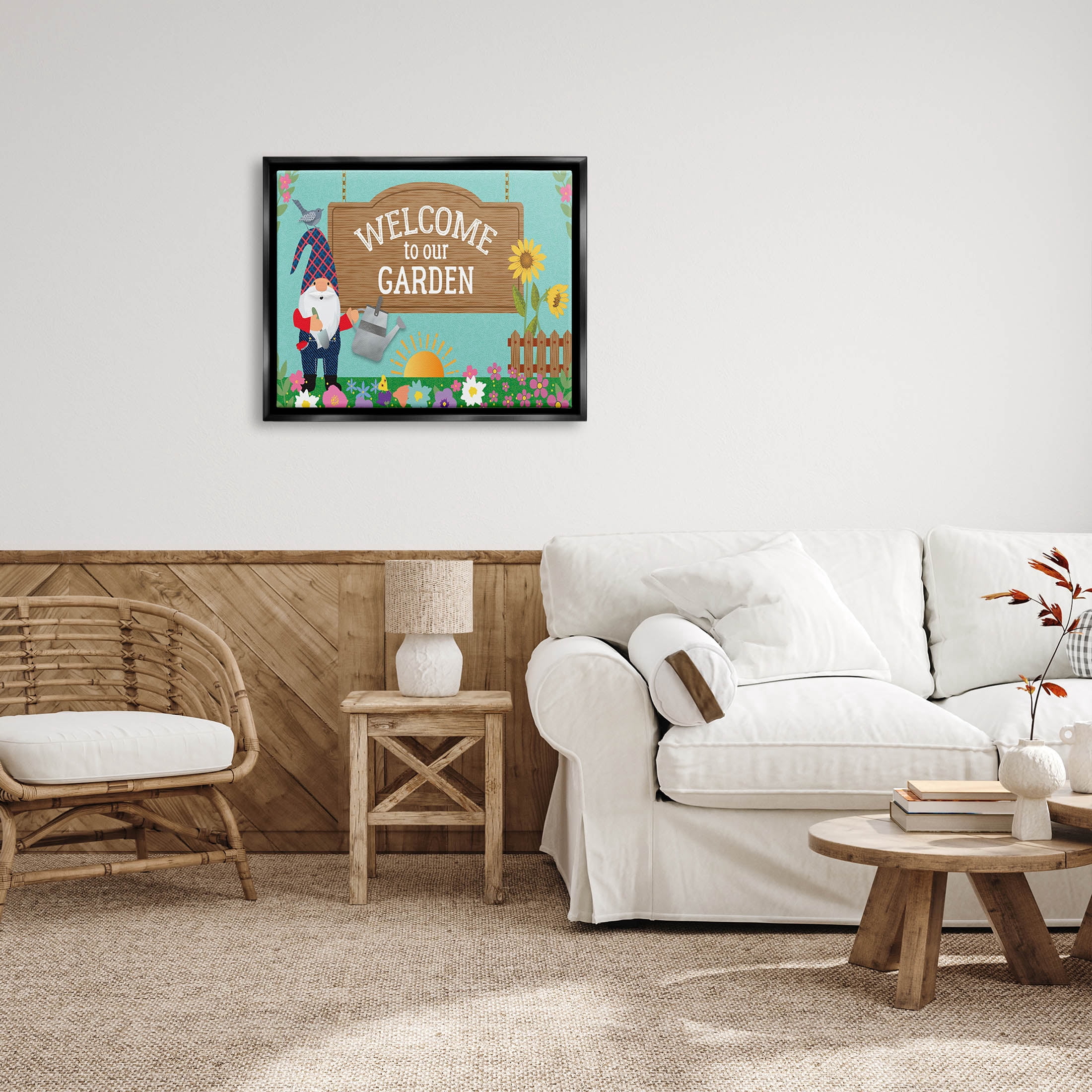 Welcome To Our Garden Gnome Fairy Tales & Fantasy Graphic Art Jet Black Framed Art Print Wall Art