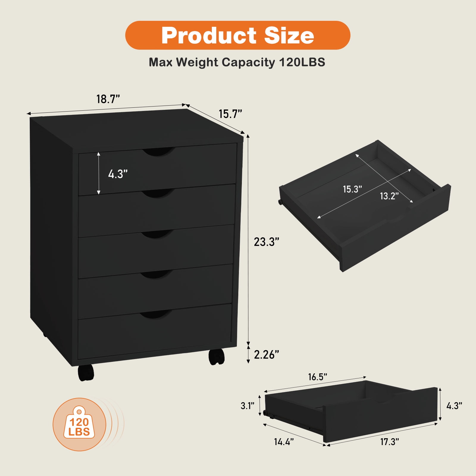 CONCETTA 5-Drawer Wooden Storage Chest, Mobile File Cabinet with Wheels, Versatile Dresser for Home, Office, or Bedroom Organization, Black