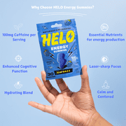HELO Energy Gummies, Blue Razz (30CT) - 50mg of Caffeine per Gummy, Alpha GPC, Lions Mane, Ashwagandha, Cordyceps, Electrolytes, Vitamin B12