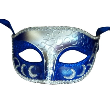 Blue Silver Venetian Men Elegant Masquerade Mardi Gras Halloween Costume Mask