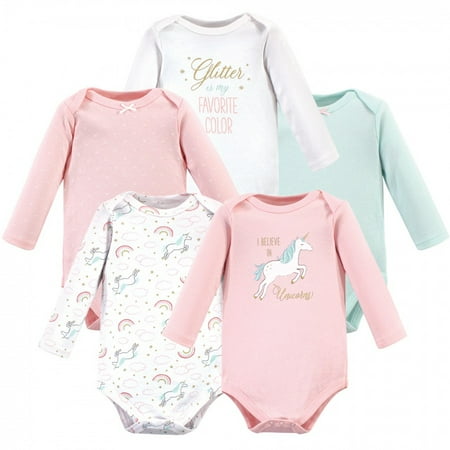 

Hudson Baby Infant Girl Cotton Long-Sleeve Bodysuits 5pk Glitter Unicorn 9-12 Months