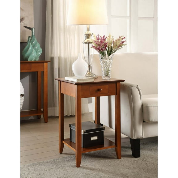 Medieval End Table with Drawer & Shelf - 18" Accent Table, Cherry Finish, Home Living Room Decor