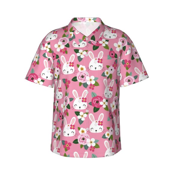 Fotbe Rose Rabbit Hawaiian Shirt for Men Unisex Summer Beach Casual Short Sleeve Cotton Linen Button Down Shirts-XX-Large