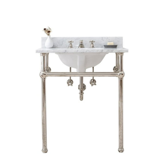 Water Creation 30 In. W. Single Wash Stand, P-Trap, Carrara White Marble Countertop