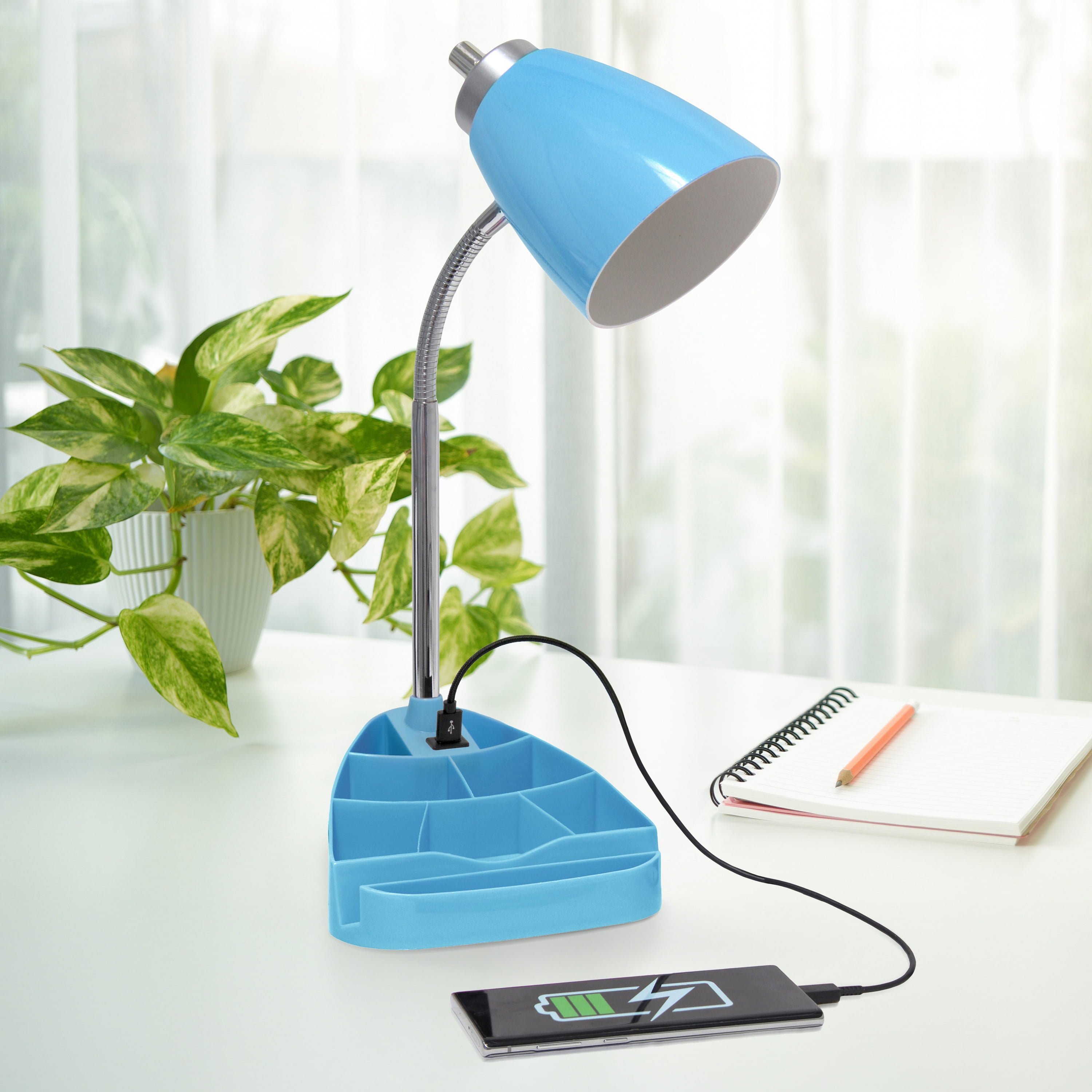 Simple Designs 18.5" Gooseneck Organizer Desk Lamp with iPad Tablet Stand Book Holder and USB port, with LED Bulb, Blue
