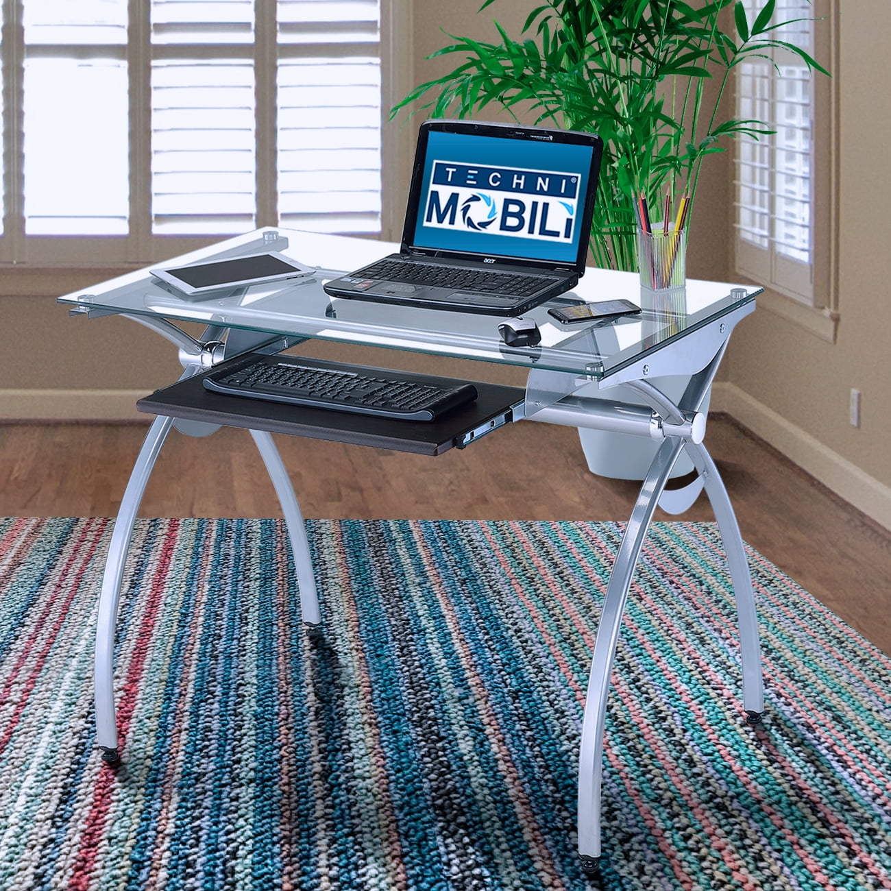 Techni Mobili Contempo Glass Top Computer Desk With Pull Out