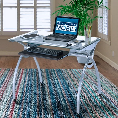 Techni Mobili Contempo Glass Top Computer Desk With Pull Out