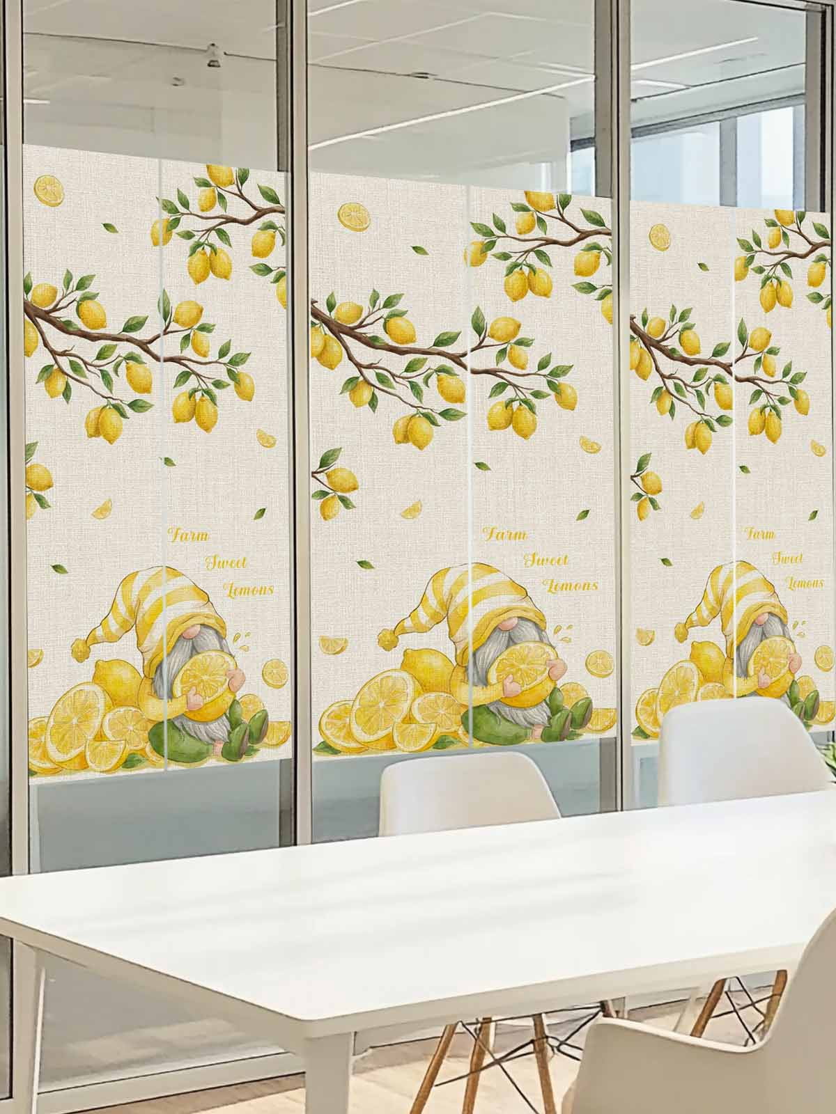 Summer Vintage Gnome Lemon Window Privacy Film, Country Farm Yellow Lemon Tree Leaf Frosted Glass Window Clings Static Cling UV Heat Blocking Reusable Door Sticker for Bathroom 23.6 x 59 Inch
