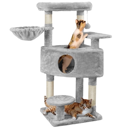 Easyfashion Multilevel Plush Cat Tree Indoor Activity Tower with Basket Condo for Kittens  Light Gray
