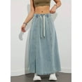thumbnail image 3 of Rdhnmea Women's Denim Long Skirts Elastic Drawstring High Waist A Line Maxi Flare Jean Skirt with Pockets Summer Spring Y2k Streetwear, 3 of 9