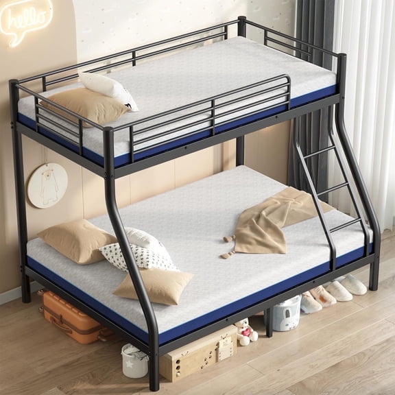 Netrum Twin Over Full Metal Bunk Bed Set with 8" Mattresses Included, All-in-One Bunk Bed for Teens/Adults, Heavy Duty Sturdy Frame with Ladder & Guardrail, with Memory Foam Mattress, Easy Assembly