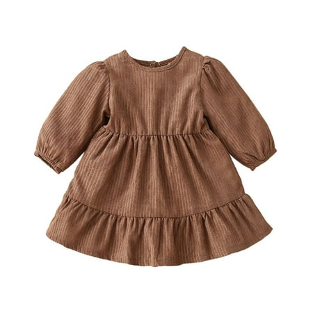 

StylesILove Baby Toddler Girls Solid Ruffle Hem Long Puff Sleeve Corduroy Dress Princess Casual Spring Fall Outfit (24 Months Mocha)