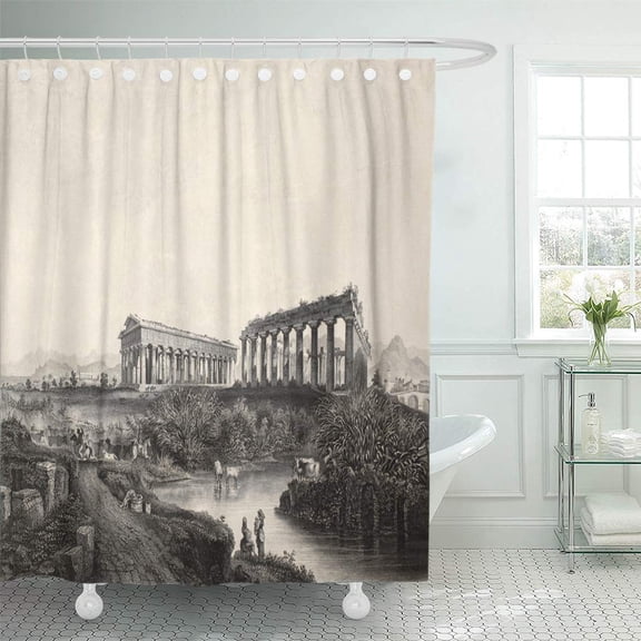 CYNLON Antique of Paestum Temples in Southern Italy Original Created Bathroom Decor Bath Shower Curtain 66x72 inch