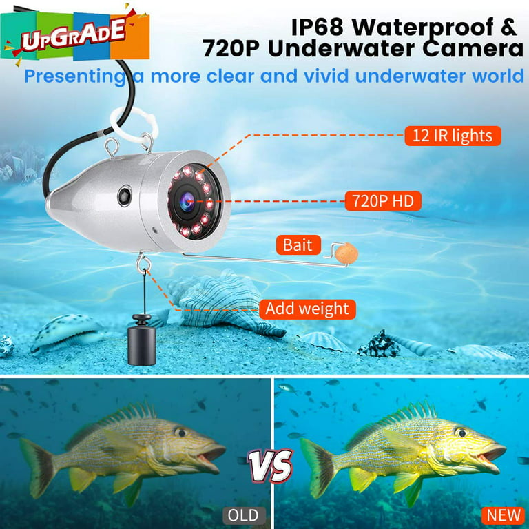 Underwater Fishing Camera, Ice Fishing Camera Portable Video Fish Finder, Upgraded 720p Camera w/ 12 IR Lights, 1024x600 Screen, for Sea, Lake, Boat