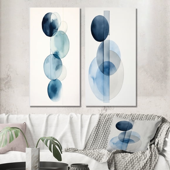 Designart "Minimal Orbicular Unity in Retro Blue IV" Modern Geometric Wall Art Set Of 2 - Modern Blue Gallery Set For Office Decor