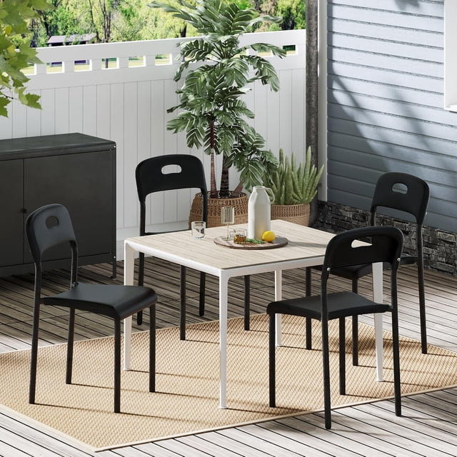 Outdoor Patio Dining Chairs Set of 4, Stackable Plastic Kitchen Chairs, Steel Legs Support, Waterproof & Stain-Resistant, Easy Assembly, Suitable for Indoor and Outdoor, Black