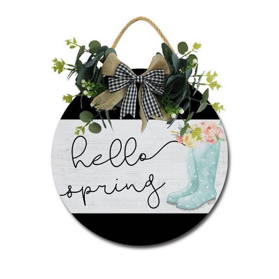 Front Door Porch Decorations Hello Spring Door Hanging Sign 11 inch Wooden Wall Sign, Rustic Holiday Wreath Decor for Front Door Porch Home Window Wall Farmhouse Decorations